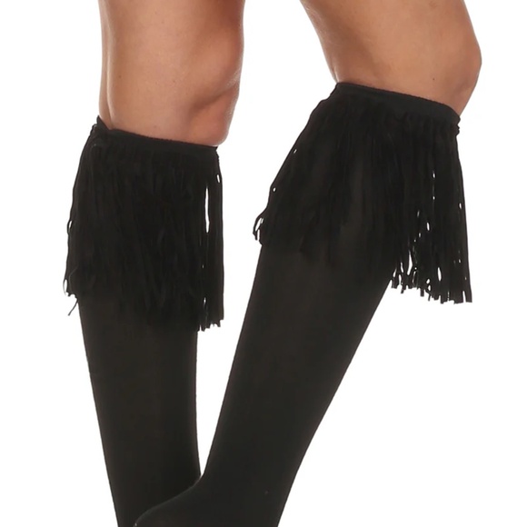 knee-high fringe cuff socks brown One Size - Picture 3 of 7